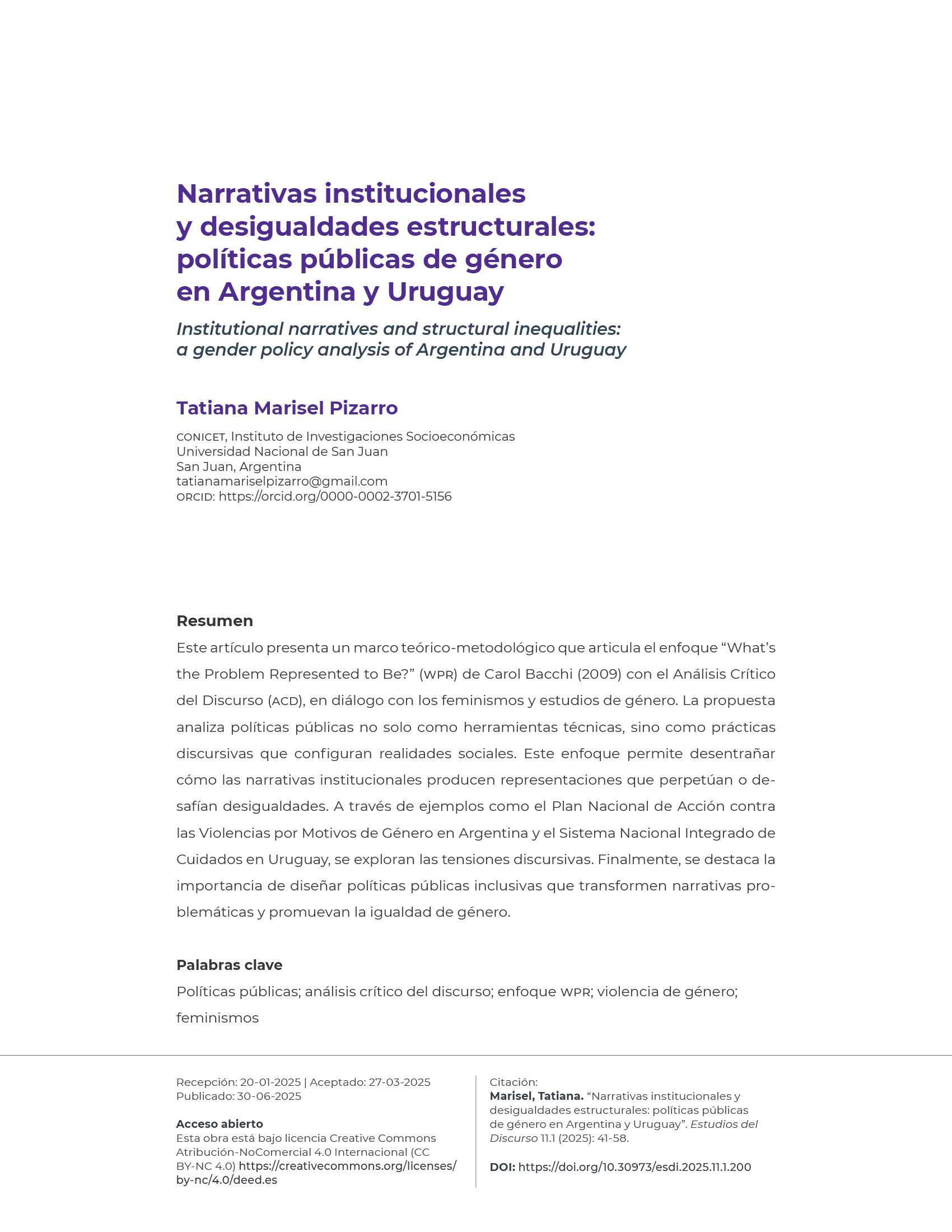 Portadilla: Narrativas institucionales y desigualdades estructurales: políticas públicas de género en Argentina y Uruguay