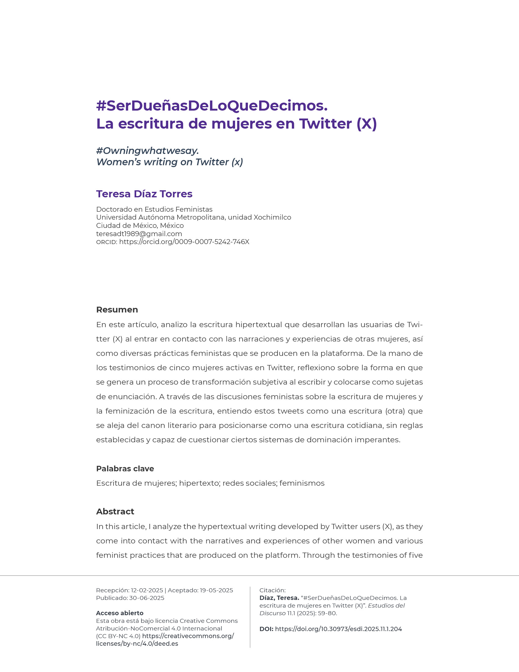 Portadilla: #SerDueñasDeLoQueDecimos. La escritura de mujeres en Twitter (X)