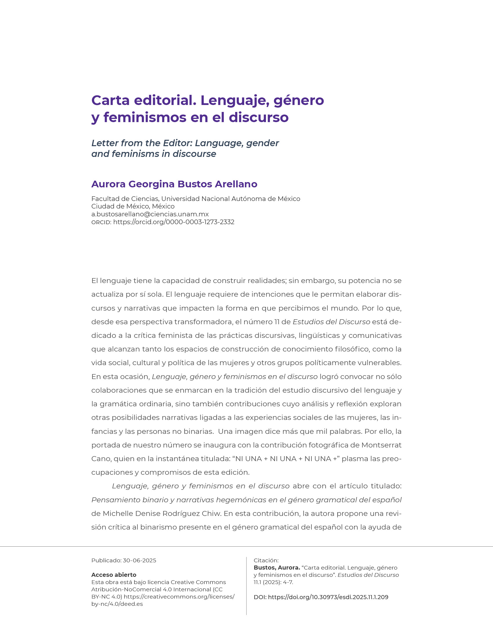 Portadilla: Carta editorial. Lenguaje, género y feminismos en el discurso