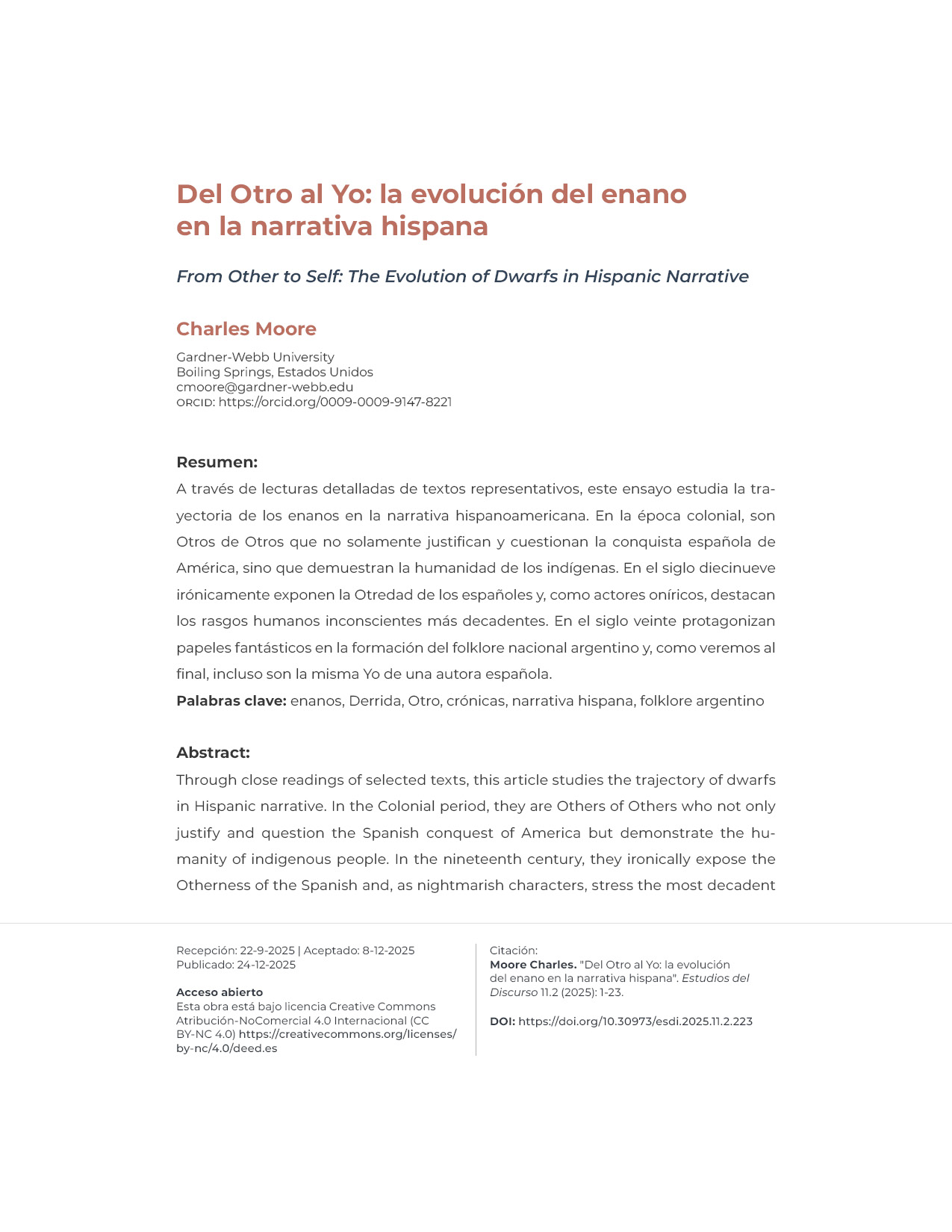 Portadilla del artículo Del Otro al Yo: la evolución del enano en la narrativa hispana