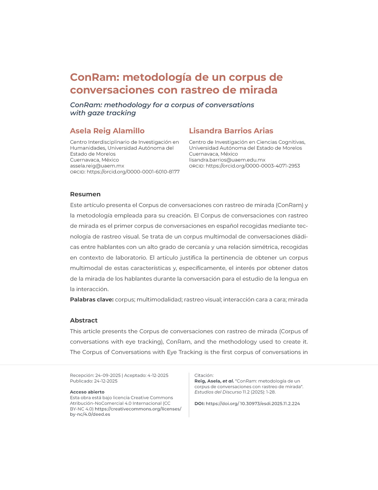 Portadilla del artículo ConRam: metodología de un corpus de conversaciones con rastreo de mirada