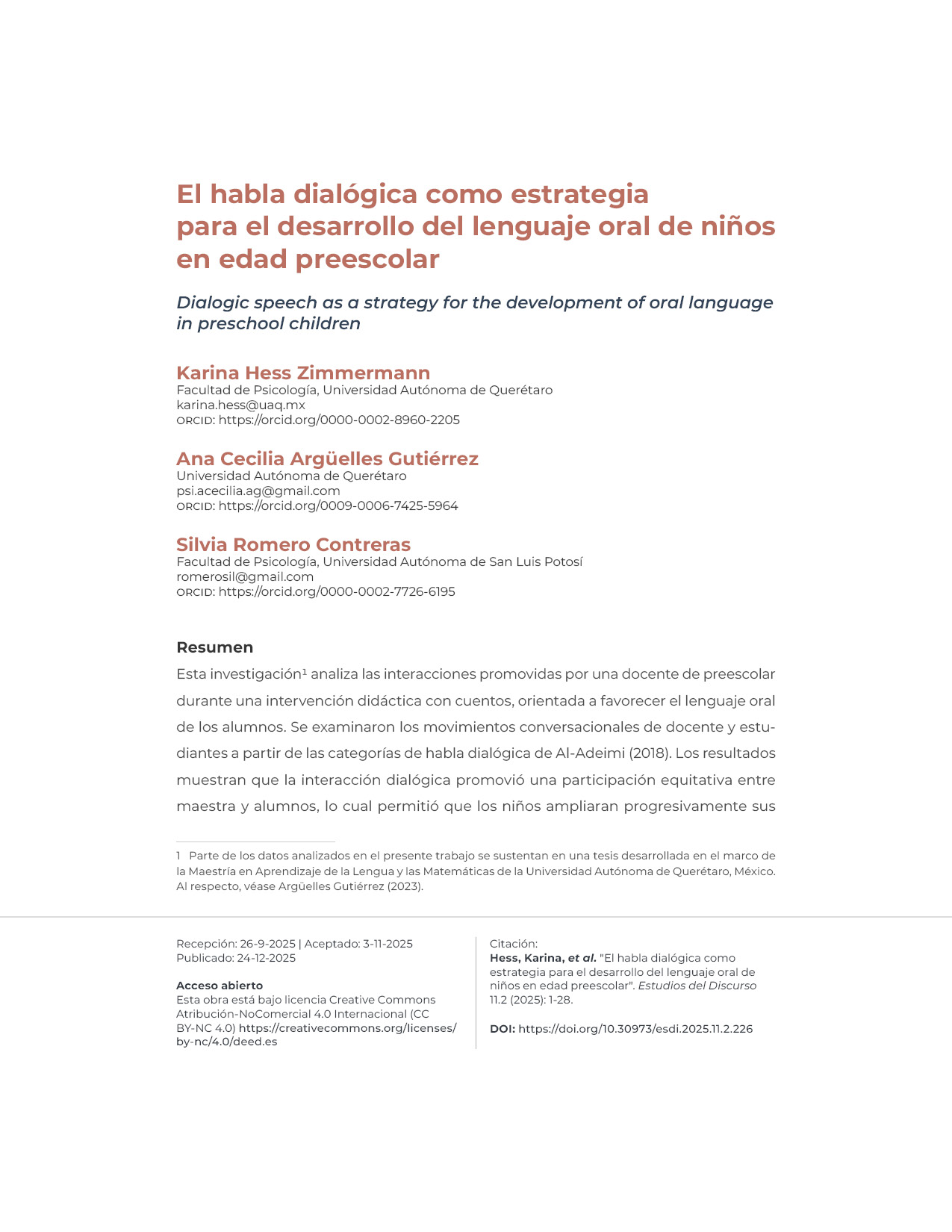 Portadilla del artículo El habla dialógica como estrategia para el desarrollo del lenguaje oral de niños en edad preescolar