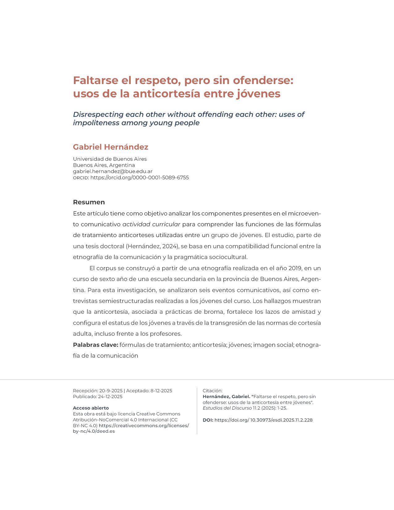 Portadilla del artículo Faltarse el respeto, pero sin ofenderse: usos de la anticortesía entre jóvenes