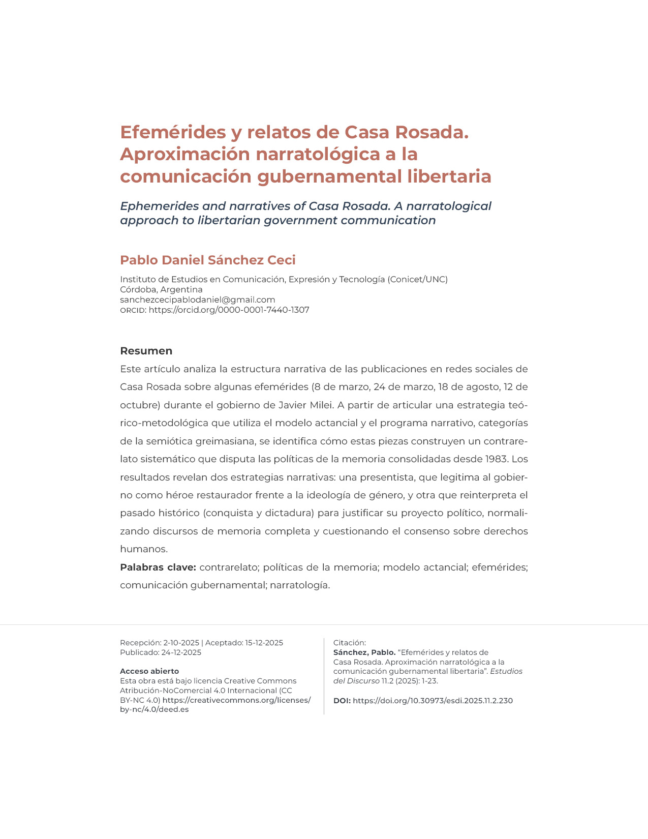 Portadilla del artículo "Efemérides y relatos de Casa Rosada. Aproximación narratológica a la comunicación gubernamental libertaria"