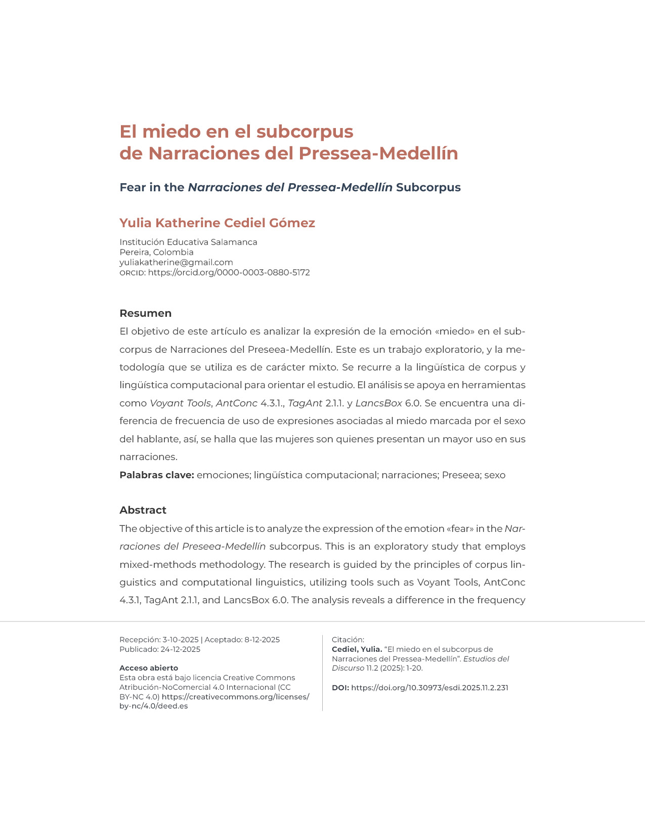 Portadilla del artículo "El miedo en el subcorpus de Narraciones del Pressea-Medellín"