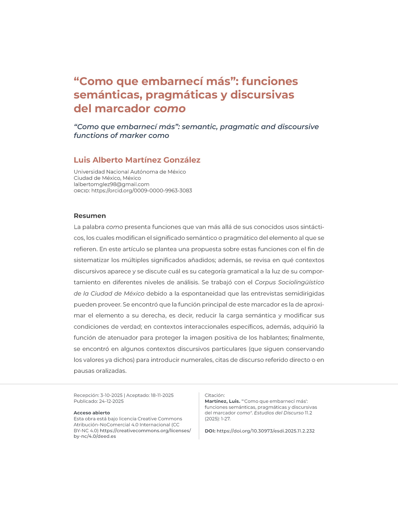 Portadilla del artículo “Como que embarnecí más”: funciones semánticas, pragmáticas y discursivas del marcador "como"