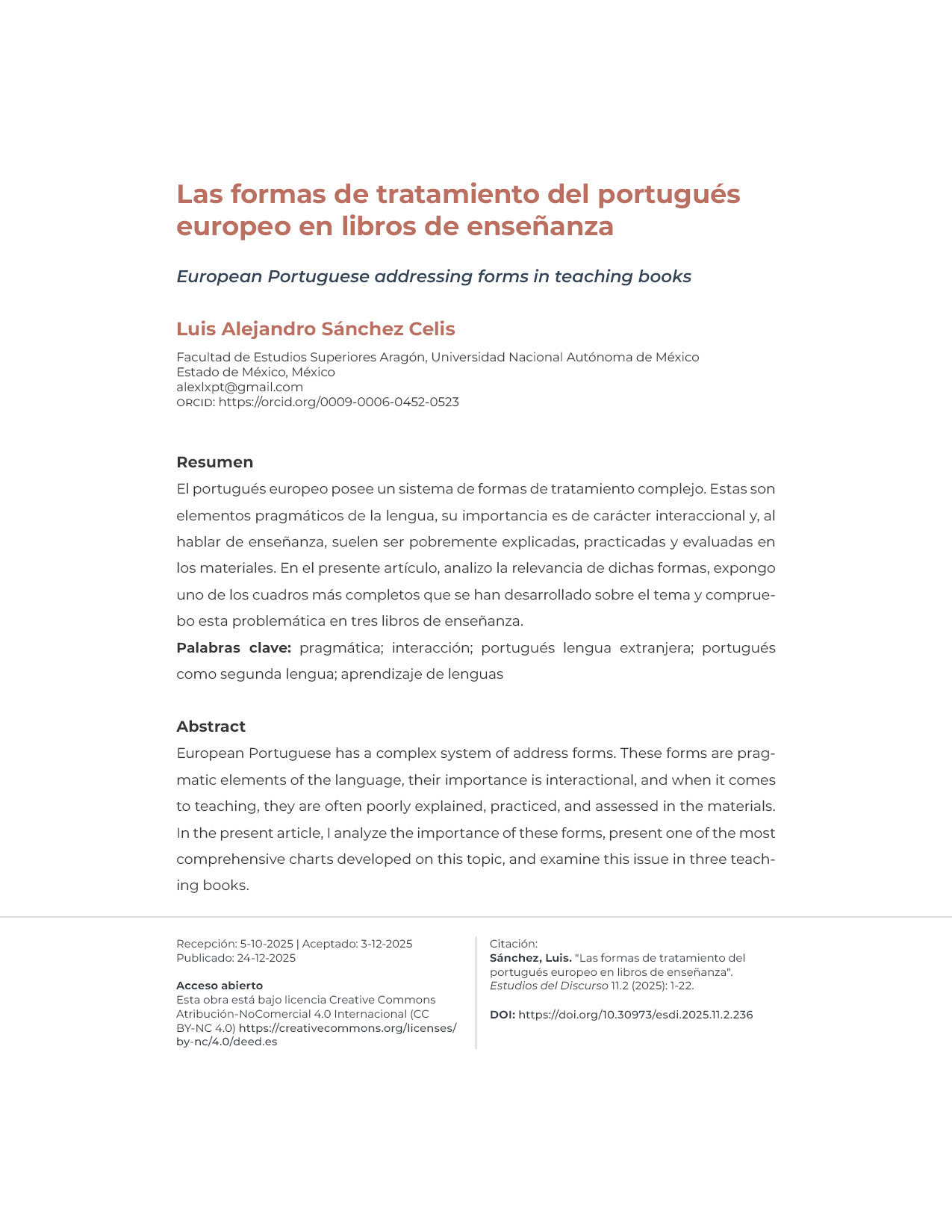 Portadilla del artículo Las formas de tratamiento del portugués europeo en libros de enseñanza