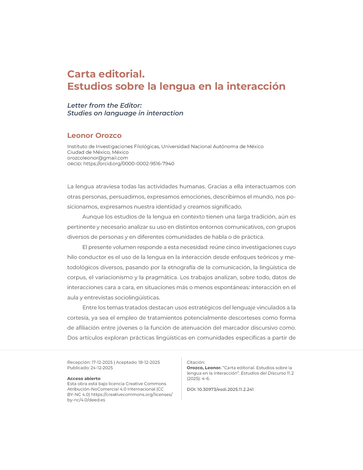 Portadilla de la Carta editorial del dossier Estudios sobre la lengua en la niteracción