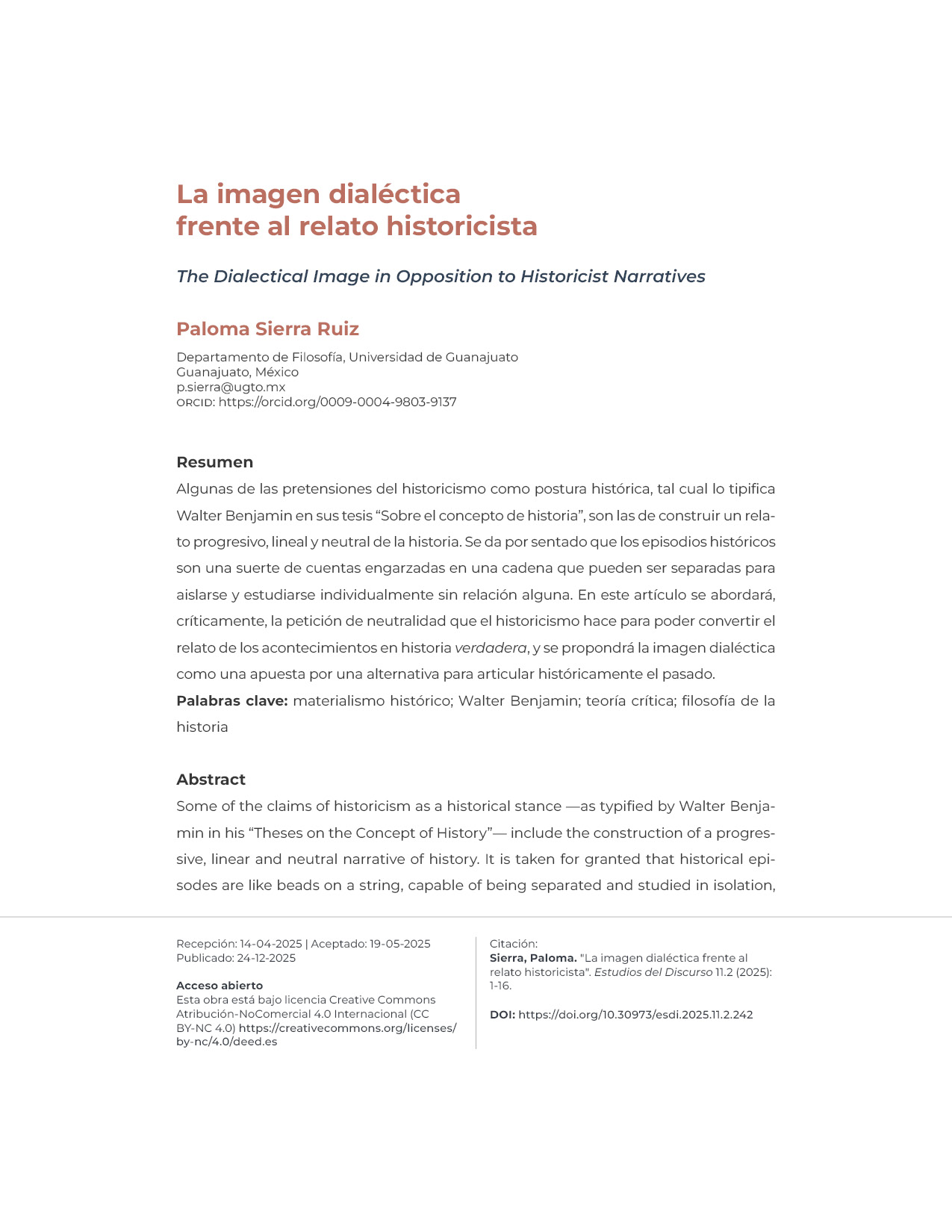 Portadilla del artículo La imagen dialéctica frente al relato historicista