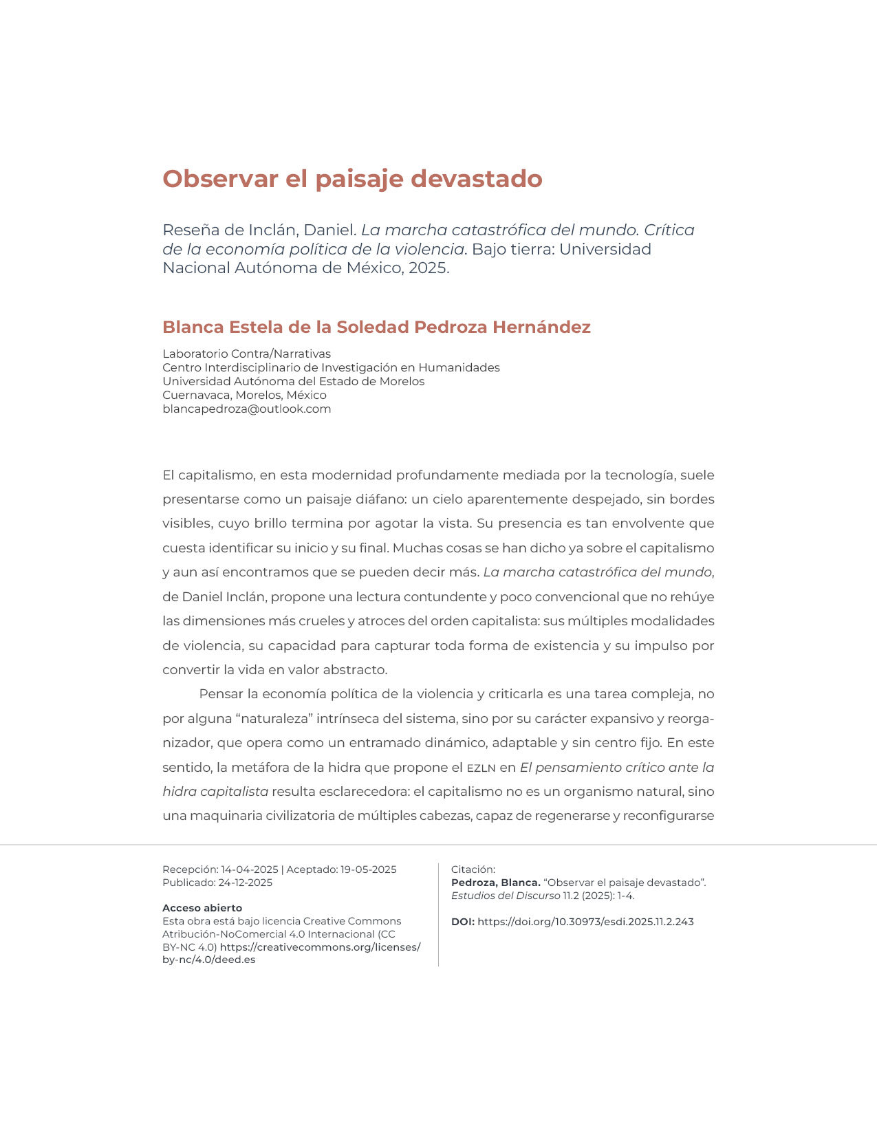 Portadilla de la reseña "Observar el paisaje devastado"